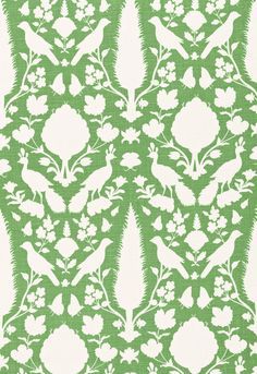 a green and white wallpaper with birds on it