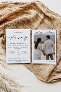 an image of a couple on their wedding day with the save the date card in black and white