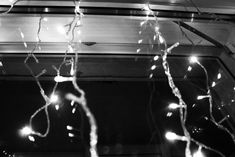 black and white photograph of christmas lights hanging from the ceiling