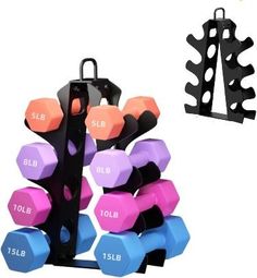 a set of dumbs and rack for weight lifting