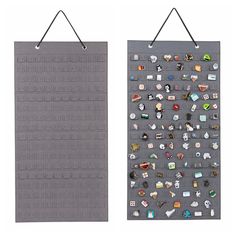 two gray wall hangings with buttons and pins on them, one in the shape of a rectangle