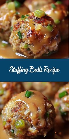 two pictures of stuffed balls covered in gravy and topped with green onions on a plate