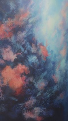 an abstract painting with blue, pink and white clouds in the sky on a black background