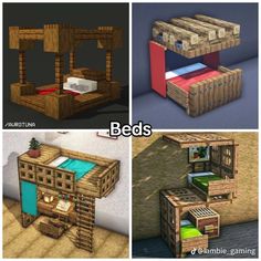 four different types of beds made out of pallets and wooden planks are shown