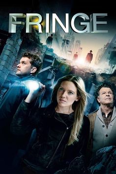 the poster for fringe shows two people standing in front of a cityscape and looking up