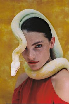 a woman with a large snake on her head, in front of a yellow background