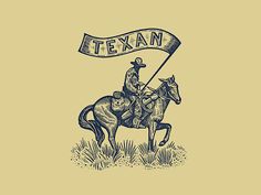 a drawing of a man riding on the back of a horse holding a texas flag