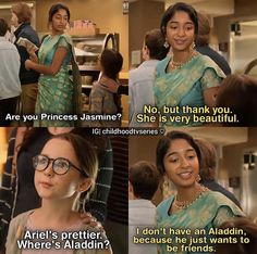 two women talking to each other in front of a counter with food on it and the caption that says, are you princess jasmine? but think you she is very beautiful