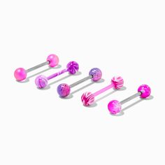 Claire's Purple Swirl Glitter 14G Barbell Tongue Rings - 5 Pack Piercings Tongue Jewelry, Tongue Ring Aesthetic, Cute Tongue Piercing, Piercings Tongue, Tongue Jewelry, Tongue Bars, Ring Aesthetic, Lip Jewelry, Denim Style Casual