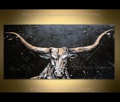 a painting of a bull's head on a black and gold background with words above it