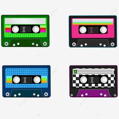 four different colored cassettes on a white background, music, audio, tape png and psd