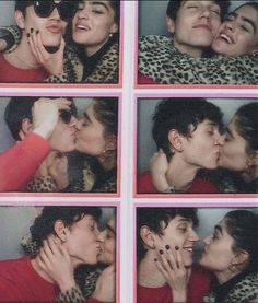 four pictures of two people kissing and one is holding the other's hand up to their face