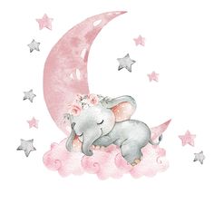 an elephant sitting on top of a pink moon with stars in the sky behind it