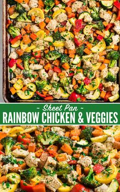 a sheet pan filled with chicken and veggies