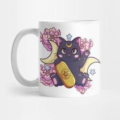 a white coffee mug with a black cat on the moon and flowers around it's edges