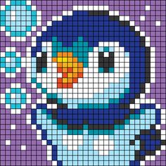 a pixellated image of a penguin with headphones on and one eye open, in front of a purple background