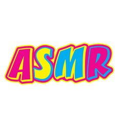 the word asmr is painted in bright blue, pink and yellow colors on a white background