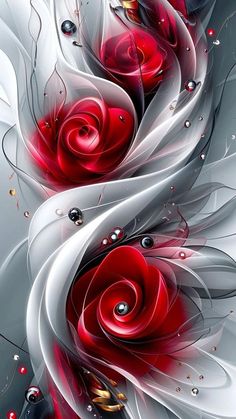 an abstract painting with red and white flowers on the bottom half of it's image