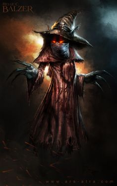 an evil wizard with large red eyes and long black hair, standing in front of a dark