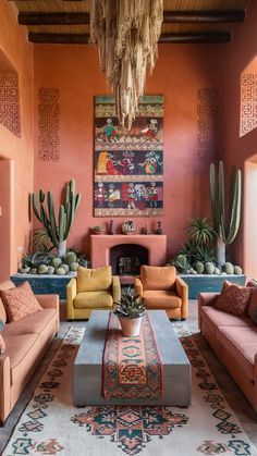 a living room filled with lots of furniture and plants on top of the walls next to a fire place