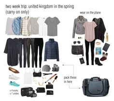 the contents of a travel bag including clothing, shoes and accessories are arranged on a white background