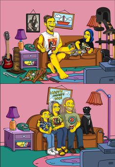 the simpsons family is sitting in their living room