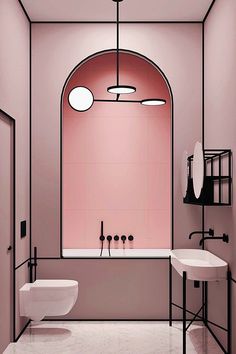 a white bathroom with pink walls and black fixtures on the ceiling, along with two sinks and a bathtub