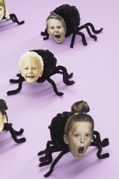 several pictures of children with fake hair on their heads and faces in the shape of crabs