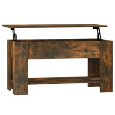 a wooden table with two shelves on one side and an iron bar on the other