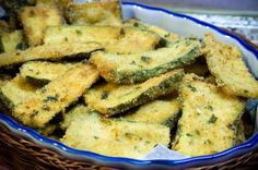 some fried food in a blue and white bowl