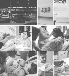 black and white photographs of people in the hospital with their newborns, including an infant