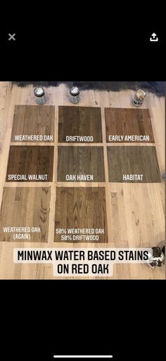 several different types of water based stains on red oak flooring in various colors and sizes