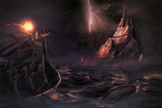 a man on a boat in the water with lightning above him