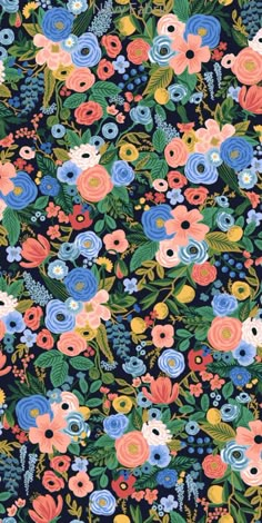 an image of a flowery pattern with blue, pink and orange flowers on it