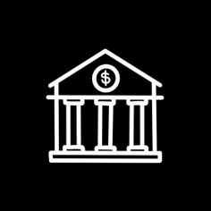 a building with columns and a dollar sign on the front, against a black background