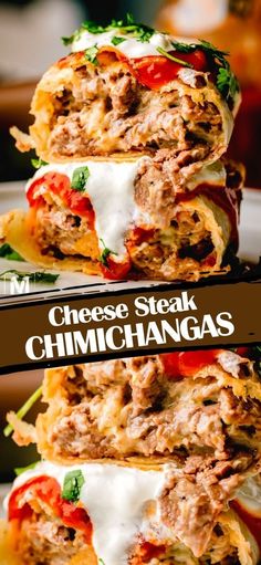 two cheese steak sandwiches stacked on top of each other with the words cheese steak chimichangas above them