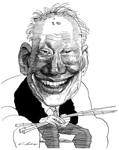 a caricature drawing of a smiling man holding chopsticks