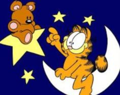 garfield the cat and his friend are sitting on the moon with stars in the background