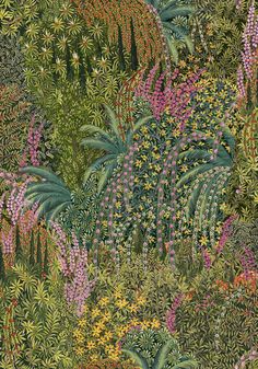 a painting of flowers and plants in the woods