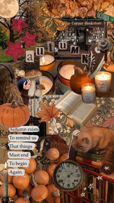 an altered collage with pumpkins, books and candles