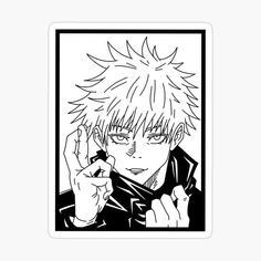 a black and white drawing of an anime character holding his finger up to the side