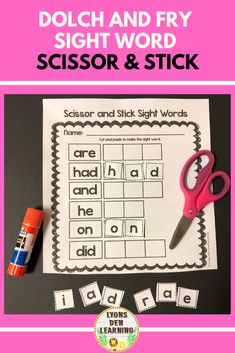 a pair of scissors and some sort of sight words on a pink background with the text dolch and fry sight word scissor & stick