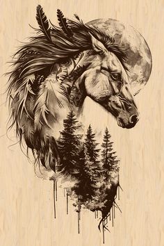 a drawing of a horse with feathers on it's head and trees in the background