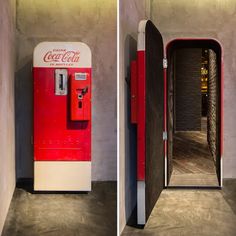 an old fashioned coca cola machine in the corner of a room next to a doorway