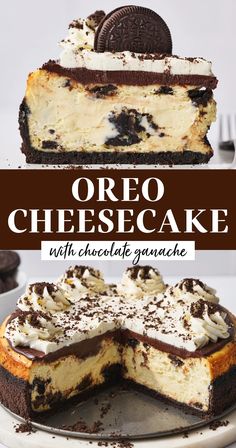 oreo cheesecake with chocolate and graham cracker crust on top is cut in half