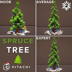 four different types of christmas tree made out of lego blocks with text saying, spruce tree