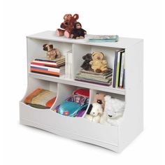 a white book shelf with stuffed animals on top