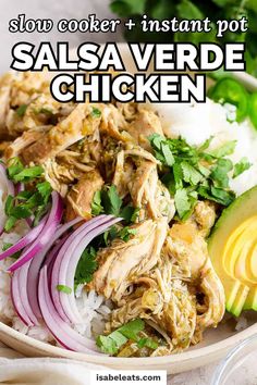 this slow cooker instant pot salsa verde chicken is an easy and healthy meal that's ready in under 30 minutes