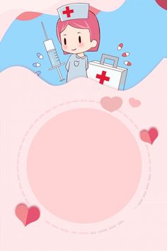 a card with a cartoon nurse holding a suitcase and hearts around the edges, on a pink background