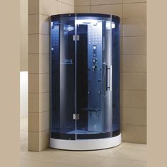 Mesa WS-302A Corner Steam Shower - Blue Glass with foldable black center seat Steam Shower Units, Heavy Duty Hinges, Steam Shower, Whirlpool Tub, Steam Generator, Shower Pan, Interior Accents, Rainfall Shower Head, Corner Shower